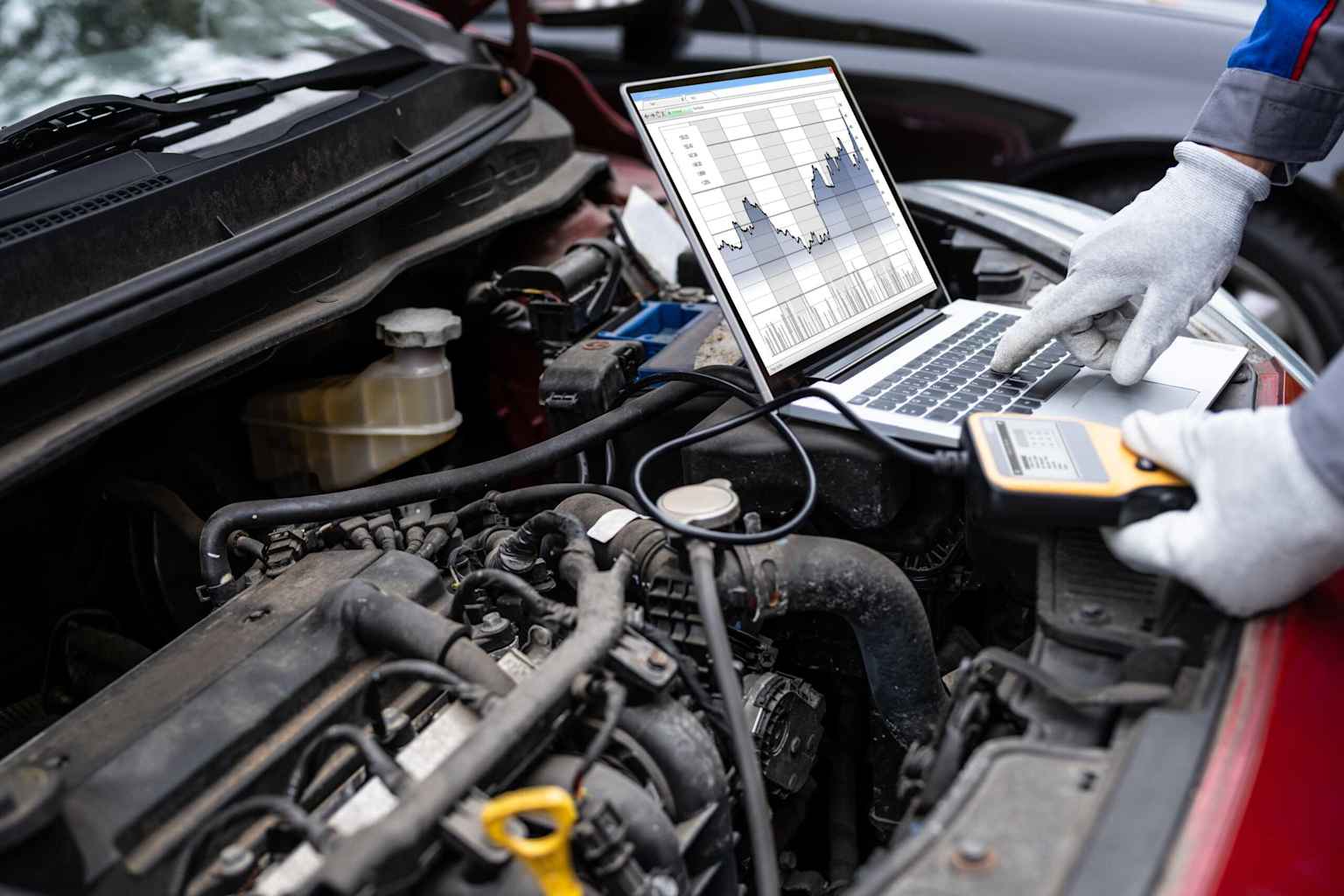 Mechanik używa laptopa i urządzenia przenośnego do wykonania cyfrowej diagnostyki silnika samochodu.